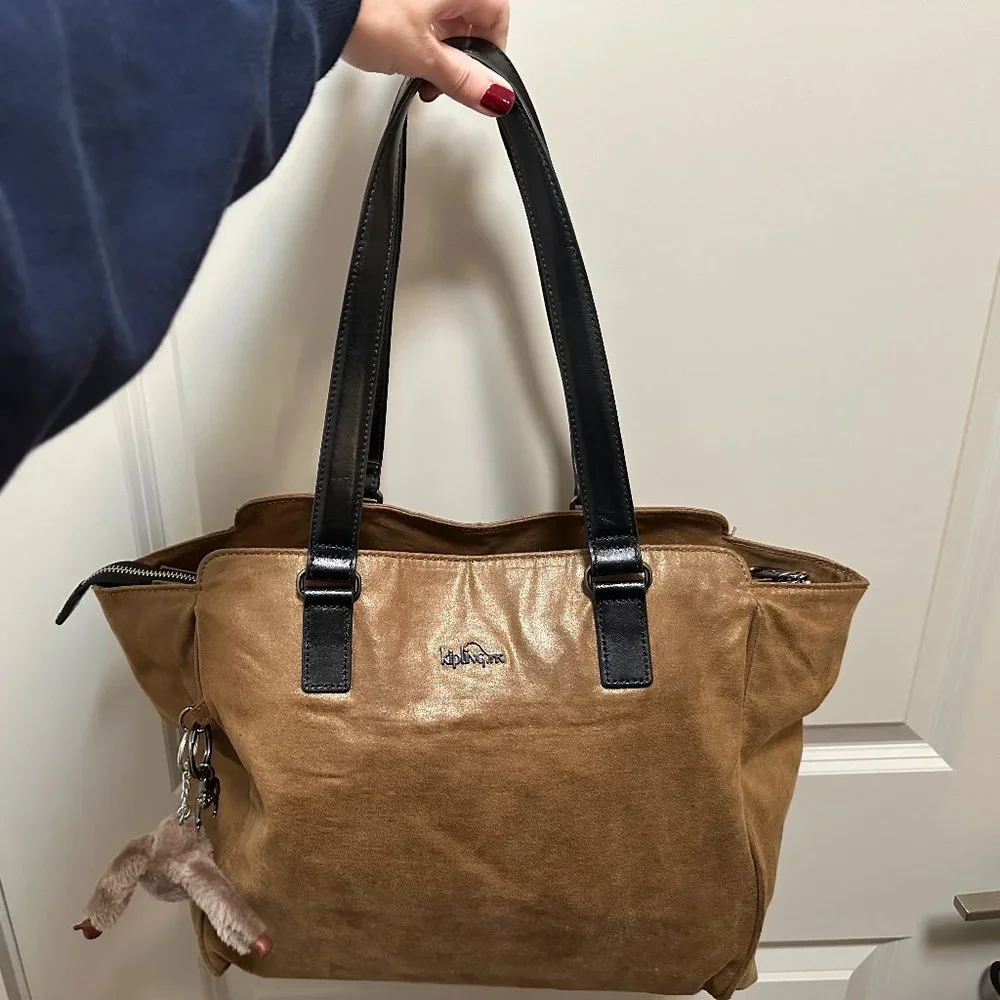 Kipling large bag in shiny brown, leather straps - Picture 3 of 5